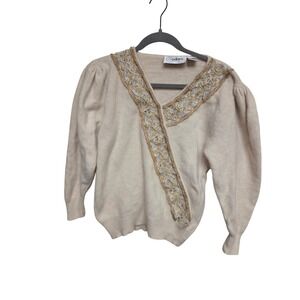 Vintage 80s Cedars Angora Lambswool Beaded Sweater Cardigan Puff Sleeve‎ L